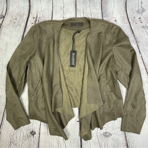 BLANK NYC olive green faux suede snake print open front drape jacket NWT, size L - Picture 7 of 12